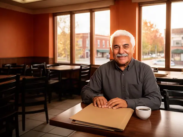 A restaurant owner seated with a folder in an empty dining room before opening.